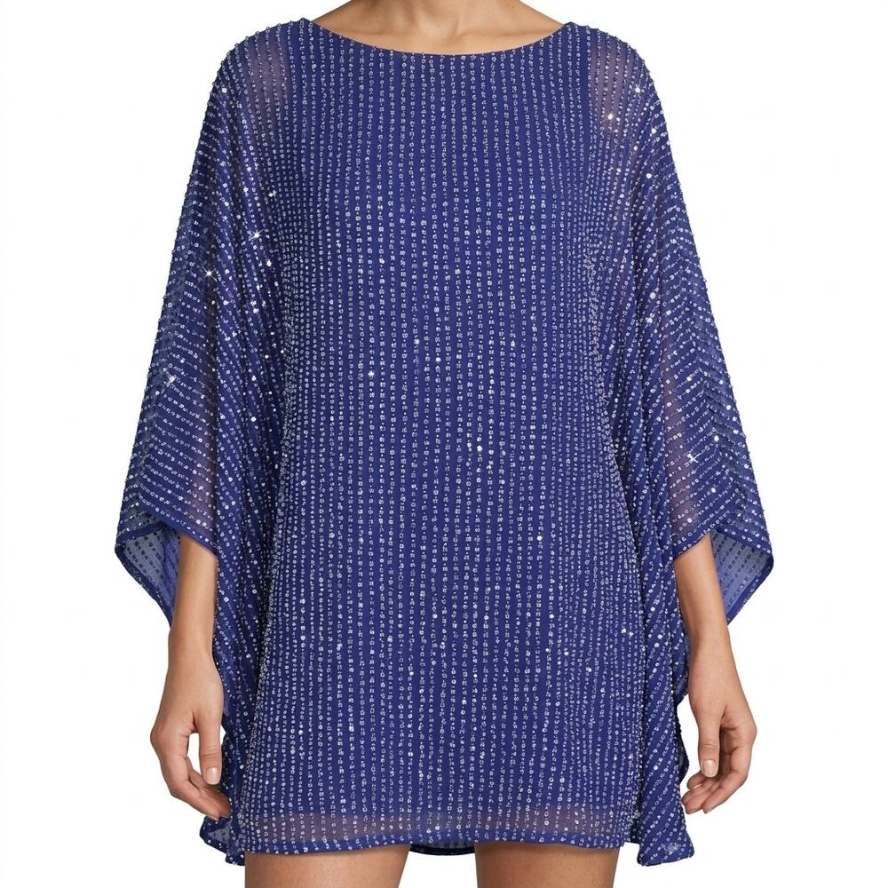 Free People Deep Sea Blue Purple Chrysallis Beaded Sequin Kaftan Mini Dress XS